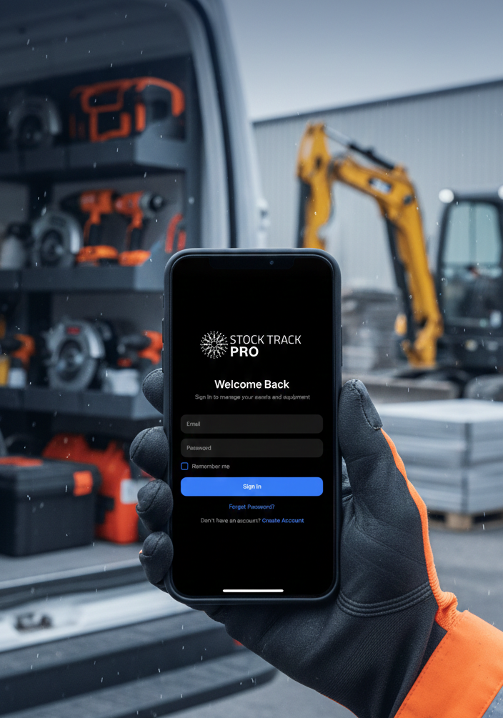 Stock Track PRO app on phone in the field — sign in to manage assets and equipment